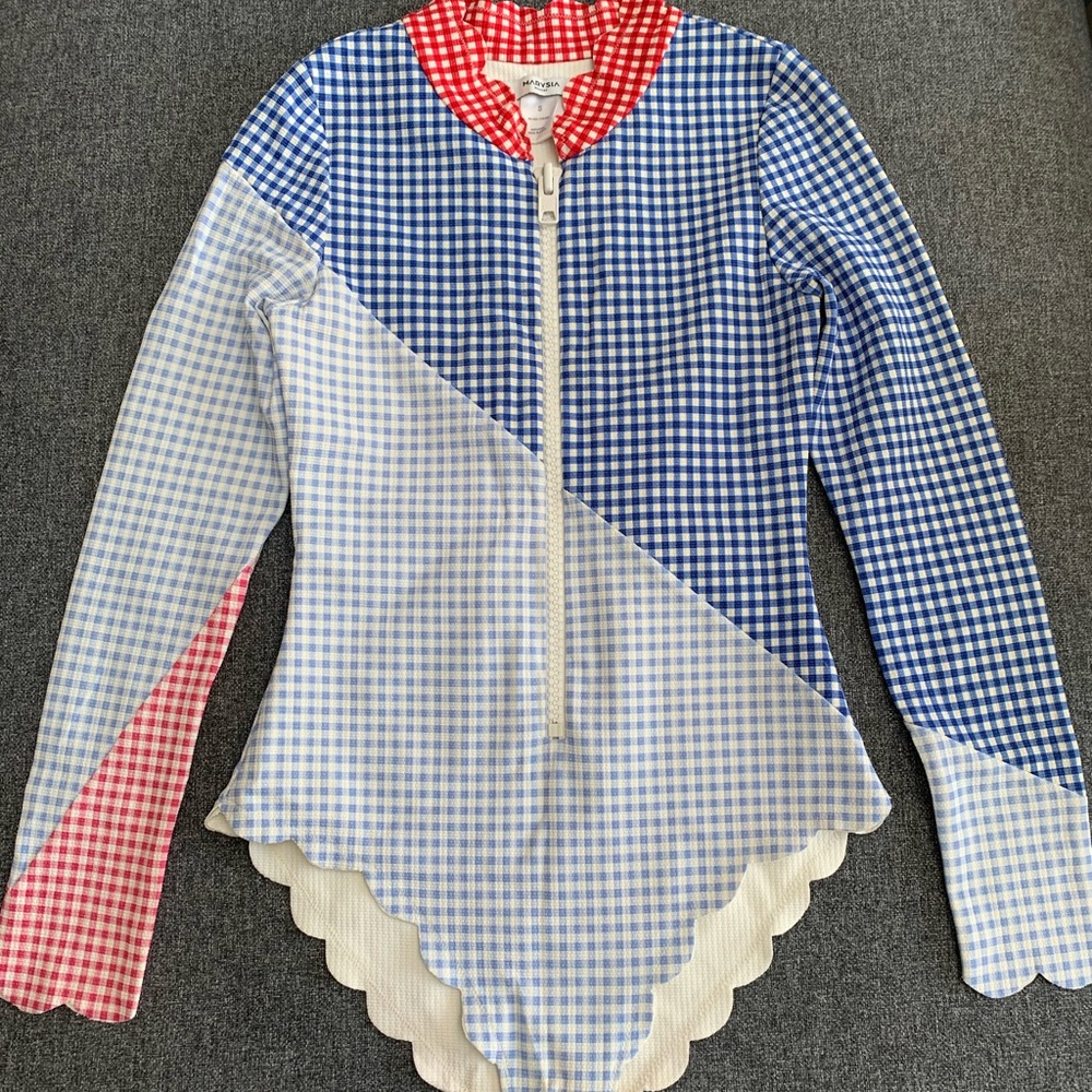 Marysia North Sea Scalloped Check One Piece Rashguard Swimsuit